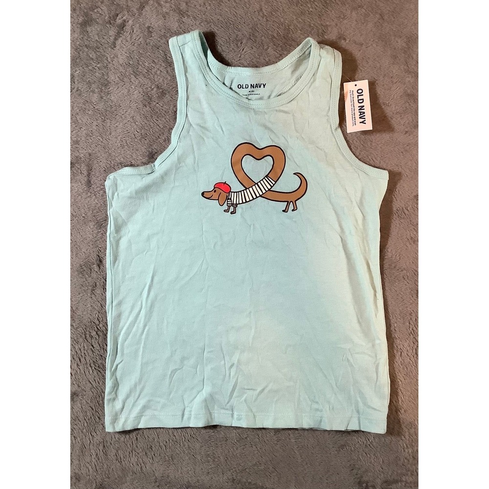 Old Navy Girls Size M 8 Tank Top NWT Light Blue Dachshund Dog Heart Graphic